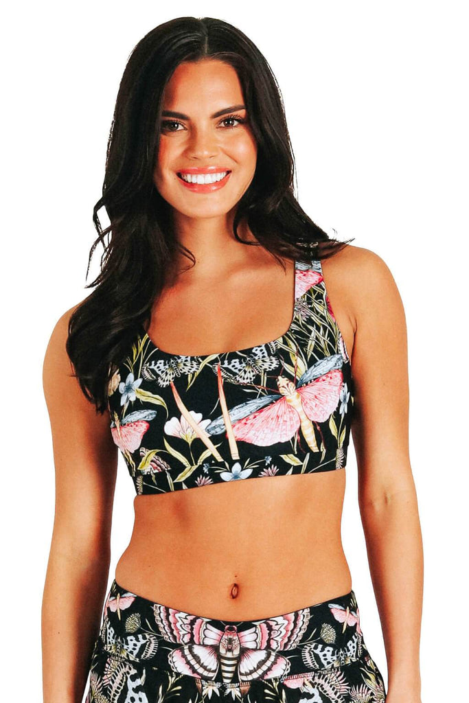 Yoga Democracy Women's Eco-friendly Medium Support Everyday yoga sports Bra in Pretty In Black butterfly and moths print made in the USA from post consumer recycled plastic