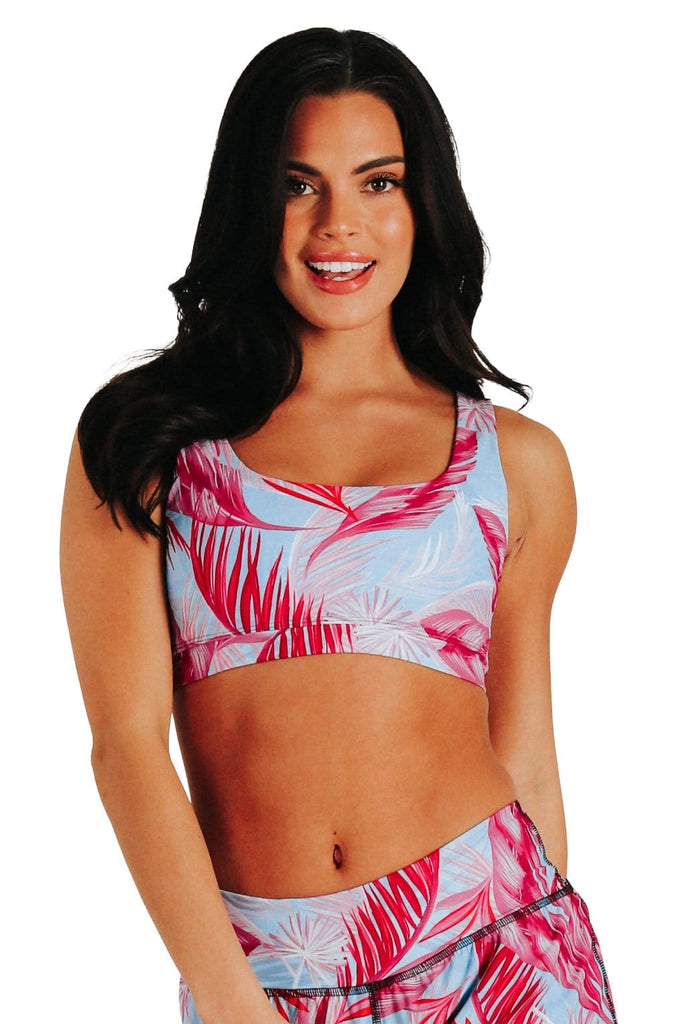 Yoga Democracy Women's Eco-friendly Medium Support Everyday yoga sports Bra in Hot Tropic print made in the USA from post consumer recycled plastic