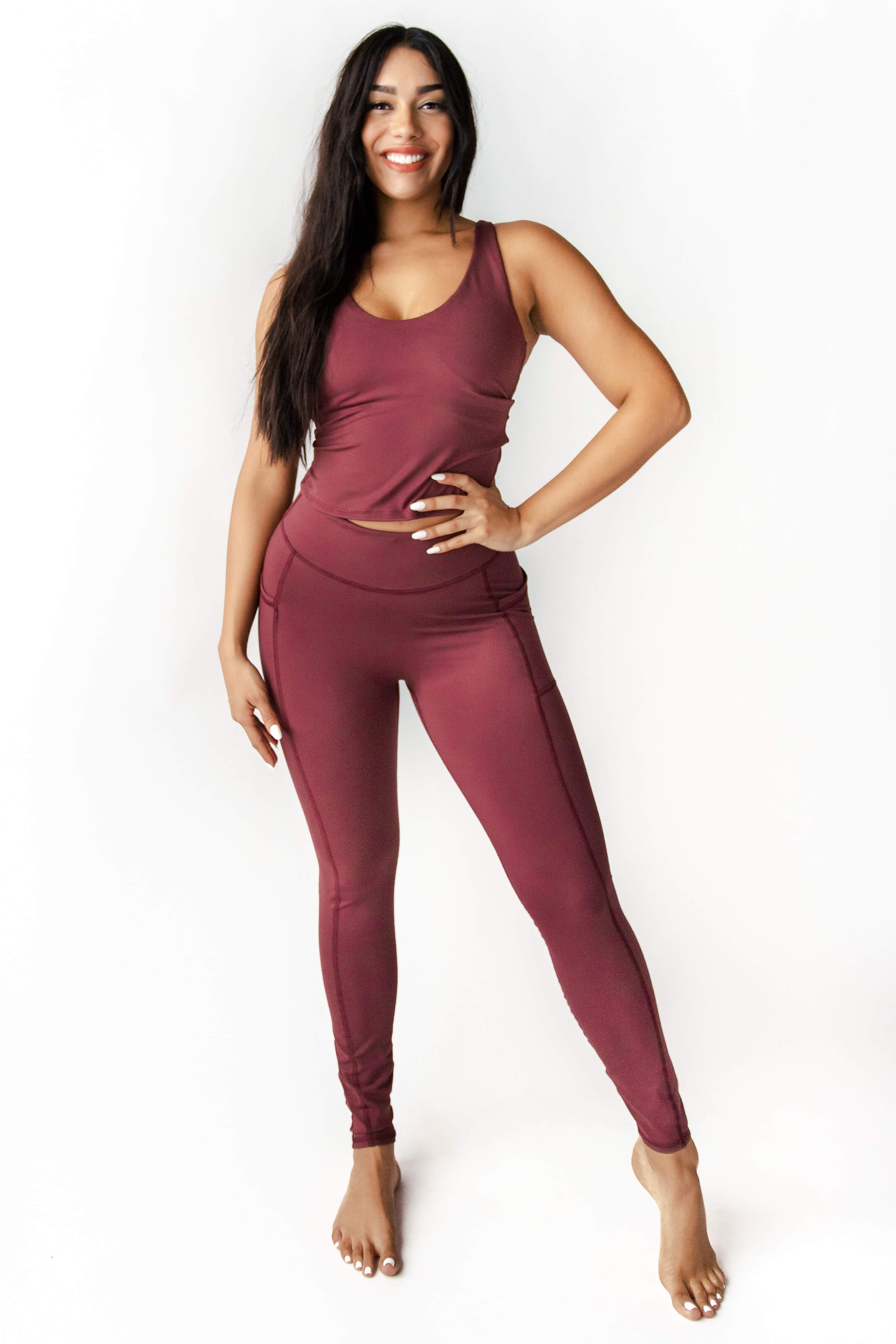 SALE! Maroon Red Cassi Mesh Pockets Workout Leggings Yoga