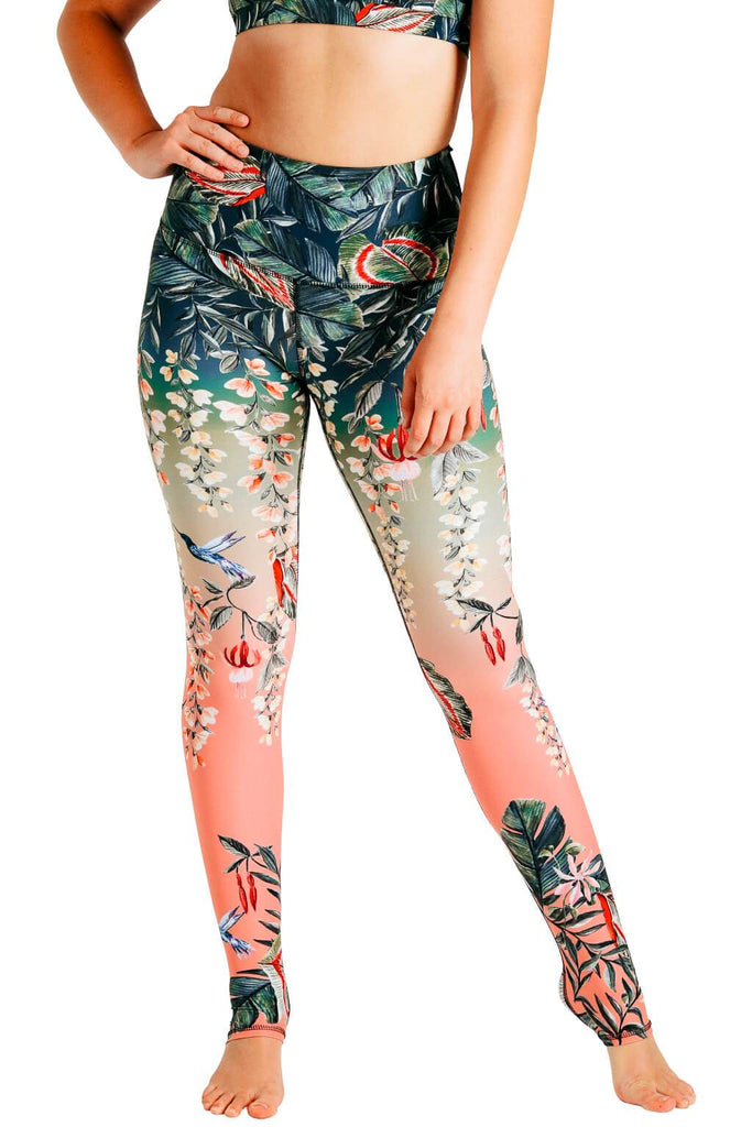 Yoga Democracy Women's Eco-friendly yoga full length leggings in Feeling Ferntastic green and pink fern floral print. USA made from post-consumer recycled plastic bottles. Sweat wicking, anti-microbial, and quick dry ultra-soft brushed fabric.