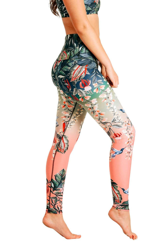 Yoga Democracy Women's Eco-friendly yoga full length leggings in Feeling Ferntastic green and pink fern floral print. USA made from post-consumer recycled plastic bottles. Sweat wicking, anti-microbial, and quick dry ultra-soft brushed fabric.