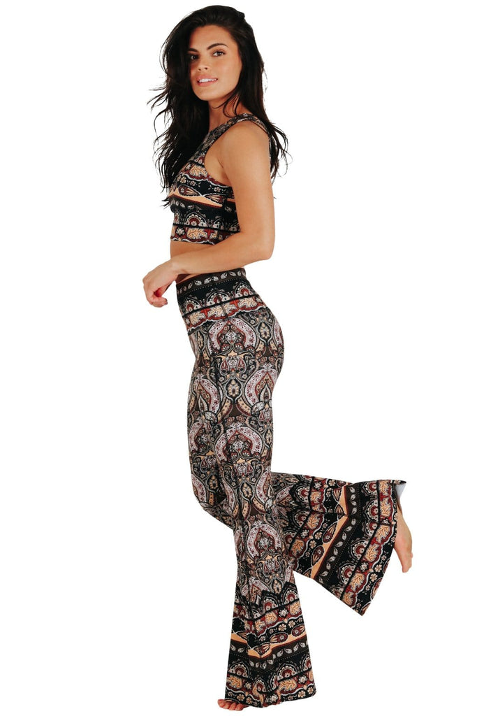 Yoga Democracy Women's eco-friendly bell bottom flare leggings printed in  Espresso Yourself