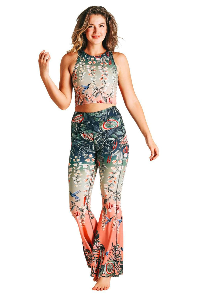 Yoga Democracy women's Eco-friendly bell bottom flare leggings in Feeling Ferntastic Fern green and pink floral print. USA made from post consumer recycled plastic bottles