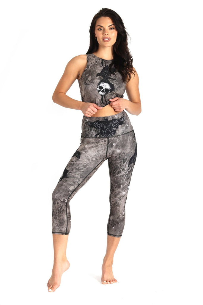 The Raven Printed Yoga Crops Front View