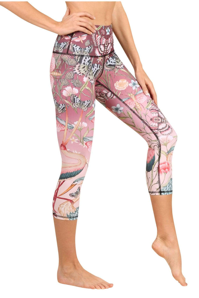 Yoga Democracy Women's Eco-friendly yoga crop Leggings in Pretty in Pink Print made from post consumer recycled plastic