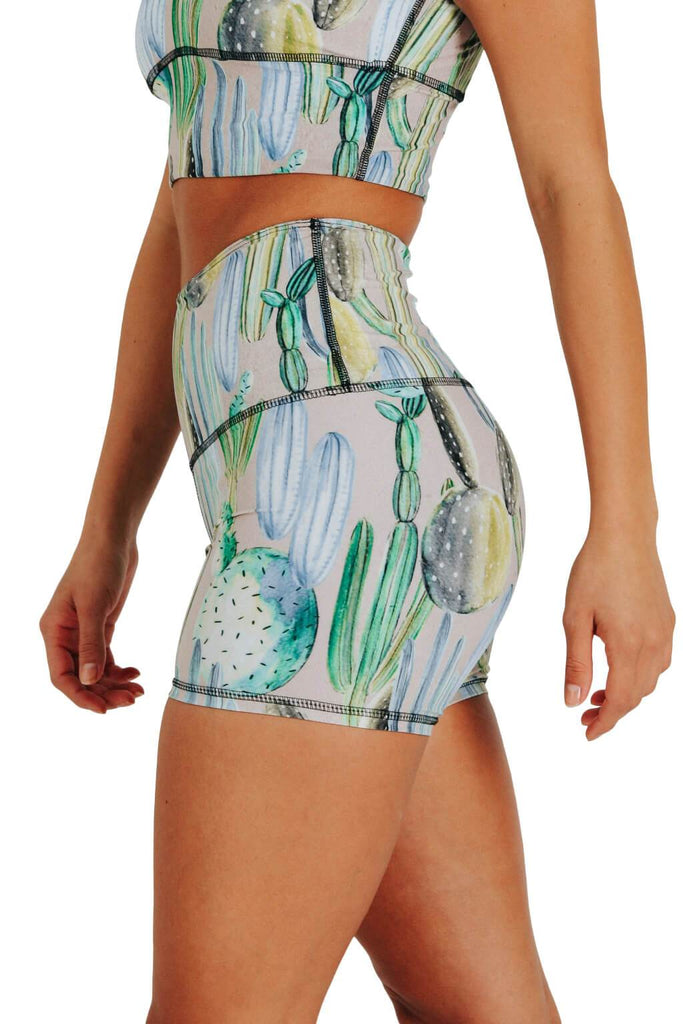 Yoga Democracy Women's Eco-friendly hot yoga shorts in dont be a prick cactus print USA made from post consumer recycled materials