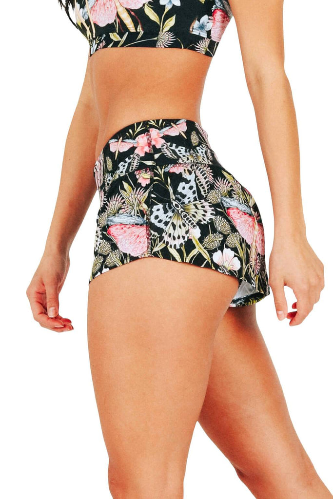 Yoga Democracy Women's Eco-friendly flow everyday running Shorts with 3 inch inseam and low-rise waistband in Pretty In Black print made from post consumer recycled plastics