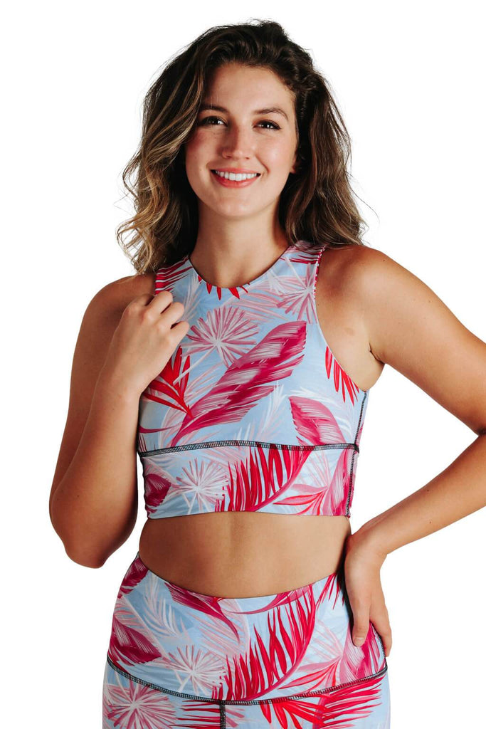 Yoga Democracy Women's Eco-friendly Free Range yoga sports Bra in Hot Tropic print Flamingo Pink and baby blue colors made in the USA from post consumer recycled plastic