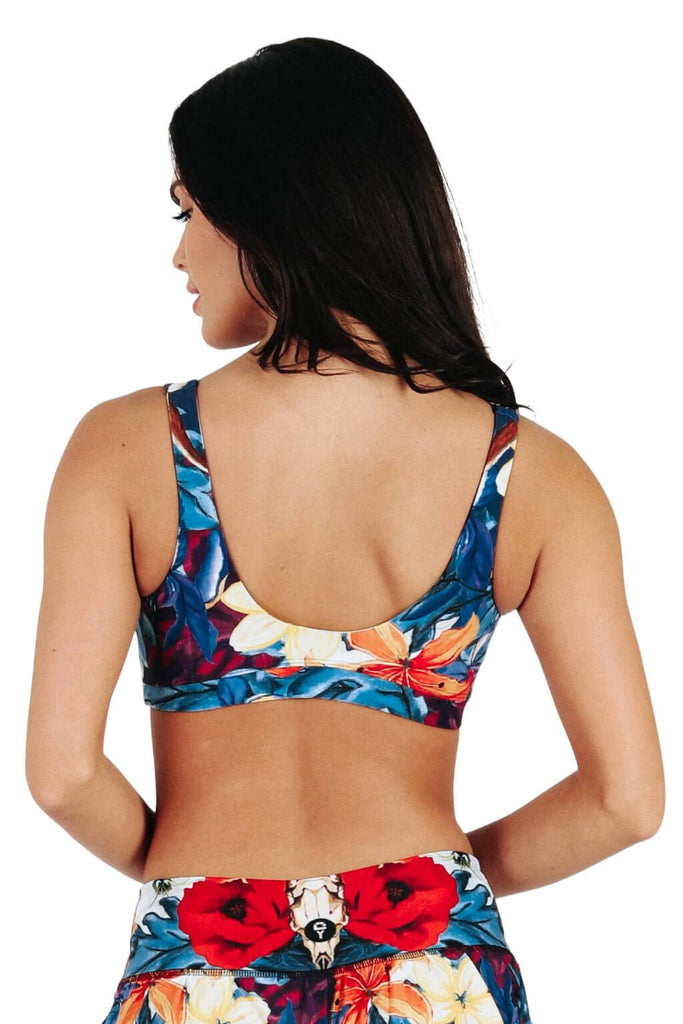 Yoga Democracy Women's Eco-friendly Medium Support Everyday yoga sports Bra in Georgia O,keeffe bugs print made in the USA from post consumer recycled plastic