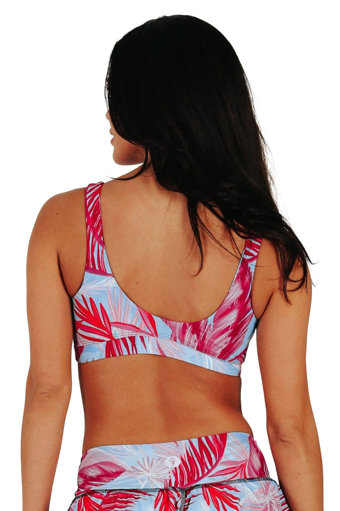 Yoga Democracy Women's Eco-friendly Medium Support Everyday yoga sports Bra in Hot Tropic print made in the USA from post consumer recycled plastic