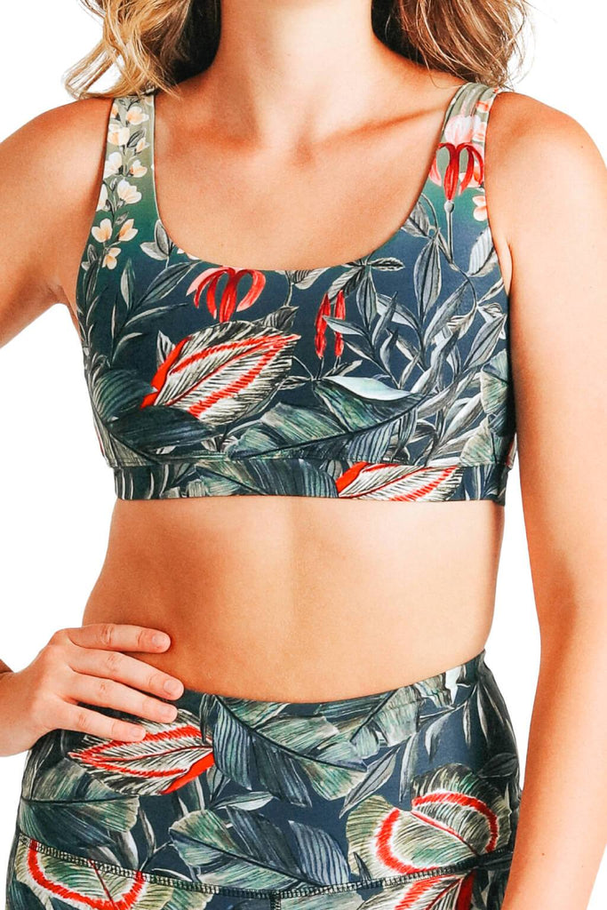 Yoga Democracy Women's Eco-friendly Medium Support Everyday yoga sports Bra in Feeling Ferntastic fern plant hummingbird print made in the USA from post consumer recycled plastic