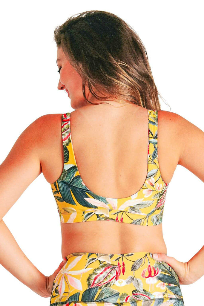 Yoga Democracy Women's Eco-friendly Medium Support Everyday yoga sports Bra in Curry Up Yellow floral printed fabric made in the USA from post consumer recycled plastic