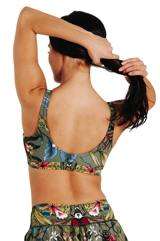 Yoga Democracy Women's Eco-friendly Medium Support Everyday yoga sports Bra in Green Thumb bugs print made in the USA from post consumer recycled plastic