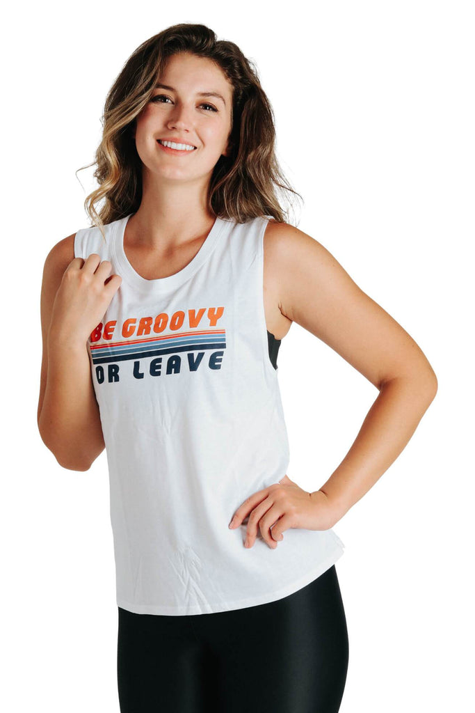 Yoga Democracy Graphic Top Be Groovy Or Leave - Organic Muscle Tee