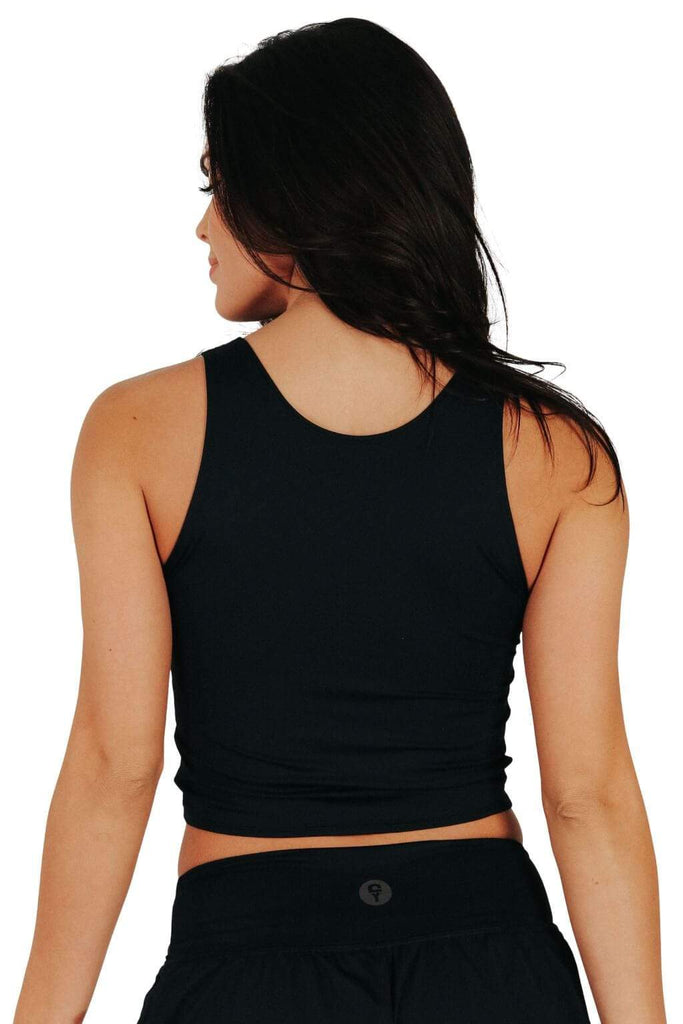 Yoga Democracy Women's Eco-friendly Reversible Knot yoga top in Jet black color. USA made from post consumer recycled plastic bottles