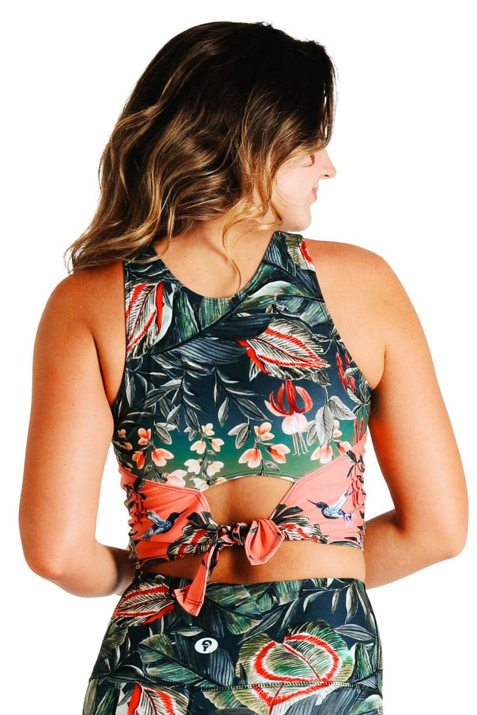 Yoga Democracy Women's Eco-friendly Reversible Knot yoga top in Feeling Fantastic green and pink fern floral print. USA made from post consumer recycled plastic bottles